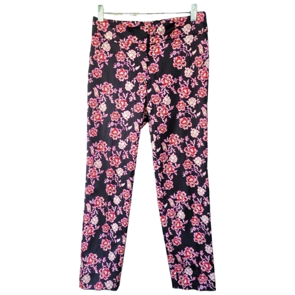 ANN TAYLOR BLACK RED FLORAL SHANTUNG ANKLE‎ PANTS SZ 0 - Picture 2 of 11